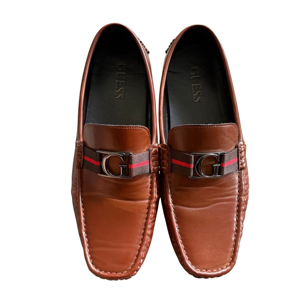 Guess Loafers 11.5 Mens Brown Leather Slip On Driving Shoes Logo Buckle Casual